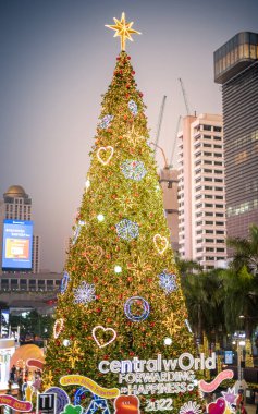 BANGKOK ,THAILAND - Dec 8, 2021: The biggest New Year event in 2022, The ball star and lightly decorated on the big Christmas tree for celebrating 2022 at the Central World. 
