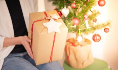 Female hands holding Christmas gift box with red bow and brown paper wrap for Xmas and New Year celebration party and decorating with the Christmas tree.