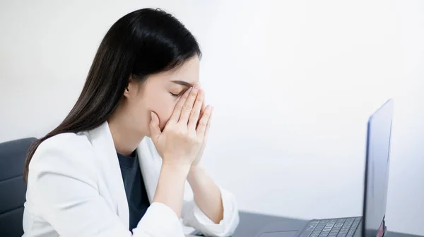 Asian Young Feeling Stressed Work While Sitting Front Laptop Home Stock Kép