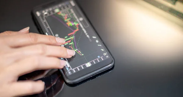 Female Trader Investor Broker Analyst Holding Smartphone Hand Analyzing Stock — Φωτογραφία Αρχείου