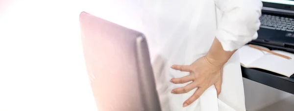 Asian Young Feeling Pain Work While Sitting Front Laptop Home — Stockfoto