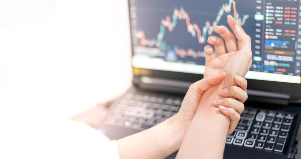 Asian Woman Holding Her Sore Hand Wrist Close Pain Using — стокове фото