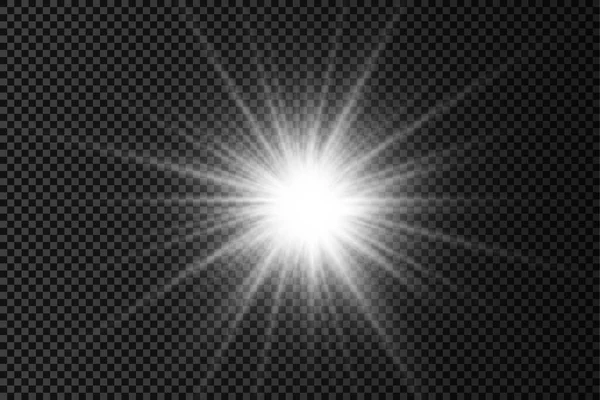 Weißer leuchtender Lichtstern, geplatzte Sonnenstrahlen. — Stockvektor