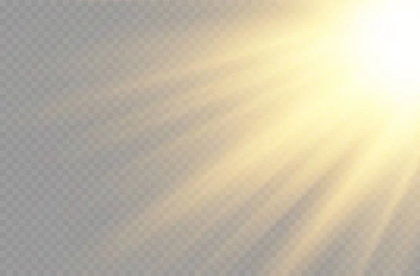 Lumière du soleil avec explosion lumineuse, rayons du soleil torrents. — Image vectorielle