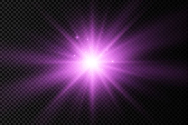 Estrella de luz brillante púrpura, rayos de sol violeta estallido. — Vector de stock
