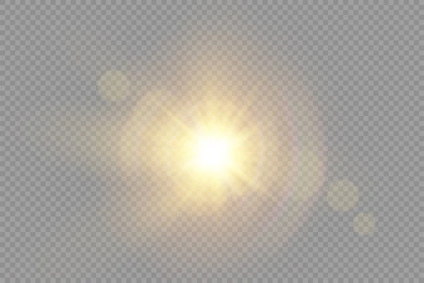 Glow bright light star, yellow sun rays, bokeh. — Stock Vector