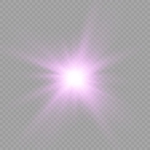 Estrella de luz brillante púrpura, rayos de sol violeta estallido. — Vector de stock