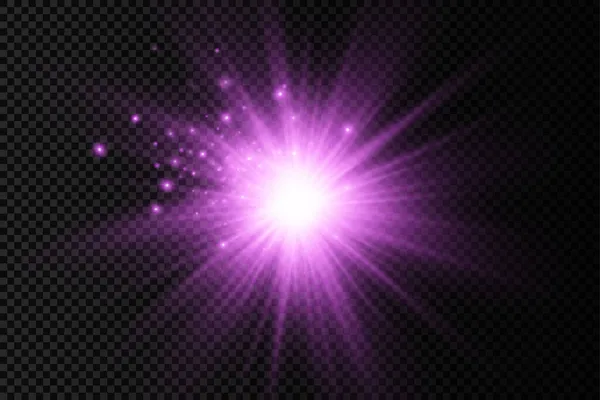 Lila glühender Lichtstern, violette Sonnenstrahlen. — Stockvektor