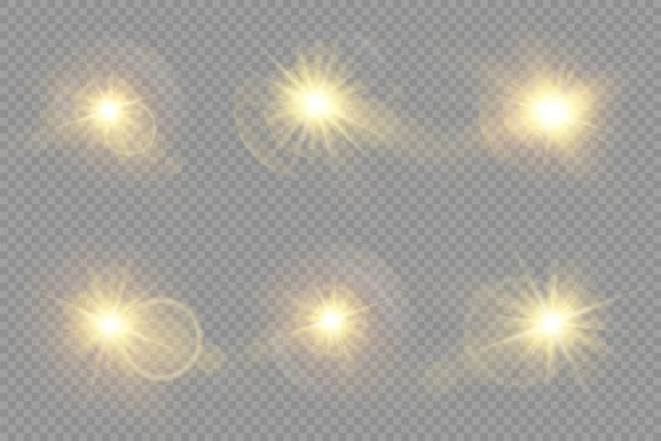 Glow bright light star, yellow sun rays, bokeh. — Stock Vector