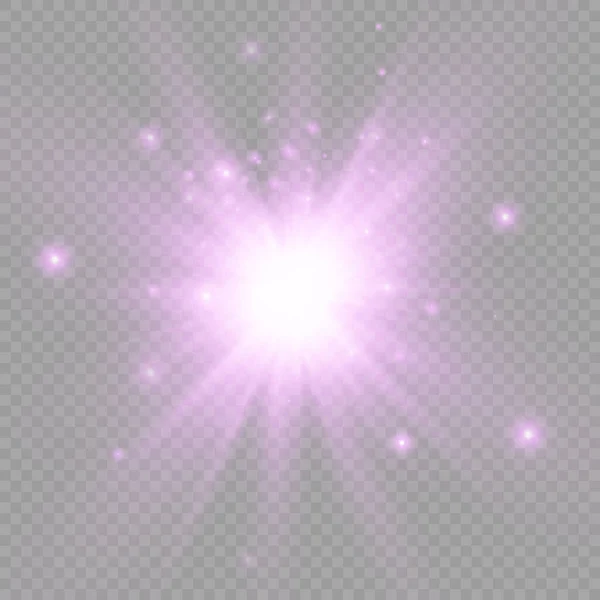 Purple glowing light star, violet burst sun rays. — Stock Vector