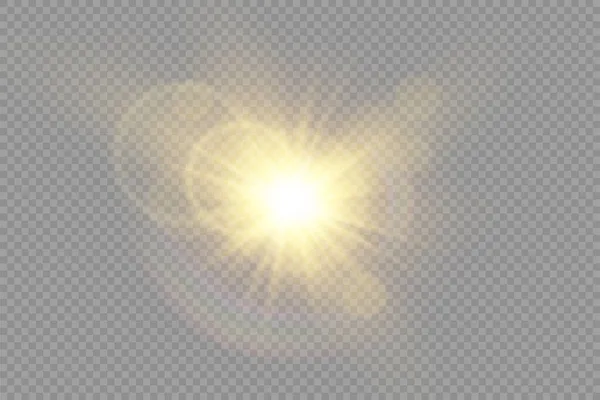 Gloeiende heldere lichtster, gele zonnestralen, bokeh. — Stockvector