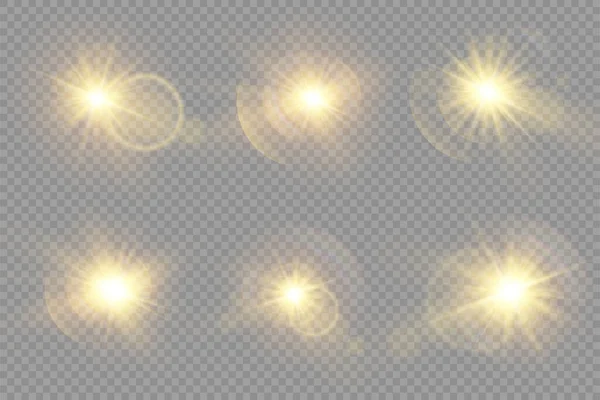 Λαμπερό φωτεινό αστέρι, κίτρινες ακτίνες του ήλιου, bokeh. — Διανυσματικό Αρχείο