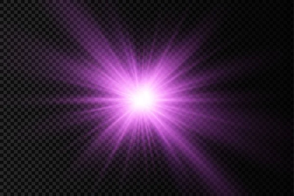 Estrella de luz brillante púrpura, rayos de sol violeta estallido. — Vector de stock