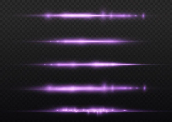Horisontella violetta ljusstrålar, blixtlila linje. — Stock vektor