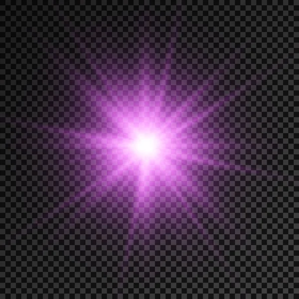Estrella de luz brillante púrpura, rayos de sol violeta estallido. — Vector de stock