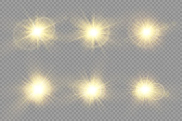 Gloeiende heldere lichtster, gele zonnestralen, bokeh. — Stockvector