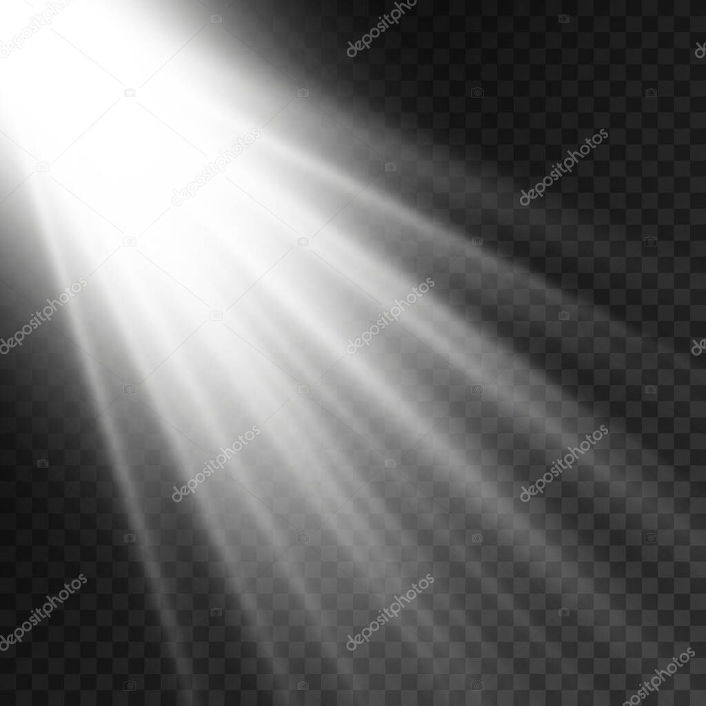 Sunlight flash, sun rays, white beam light. 