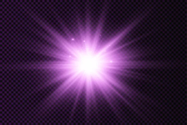 Purple glowing light star, violet burst sun rays. — Stock Vector