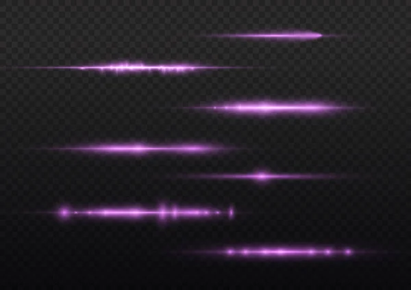 Horisontella violetta ljusstrålar, blixtlila linje. — Stock vektor