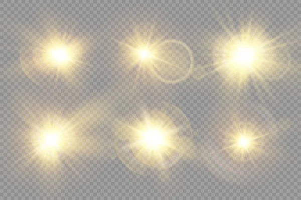 Resplandor estrella de luz brillante, rayos de sol amarillos, bokeh. — Vector de stock