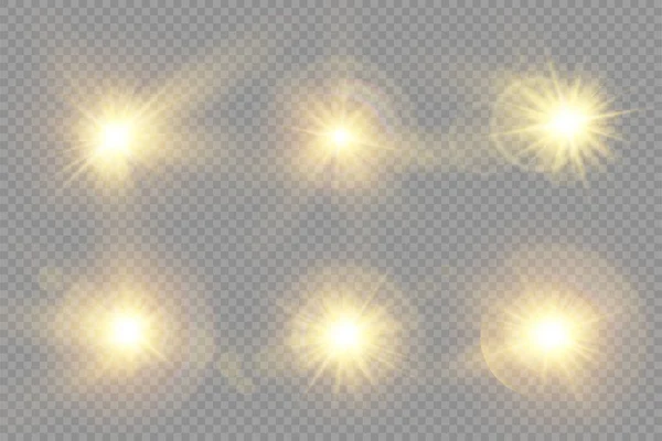 Glow bright light star, yellow sun rays, bokeh. — Stock Vector