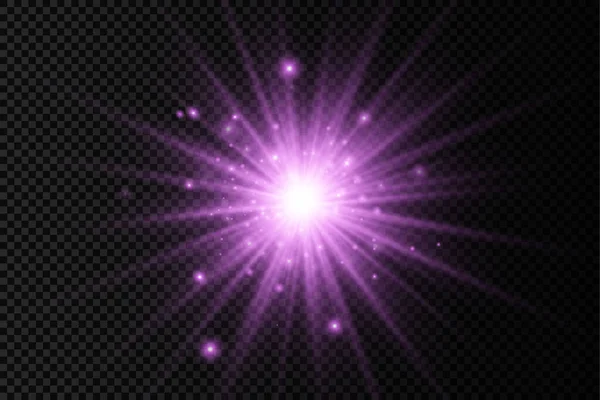 Purple glowing light star, violet burst sun rays. — Stock Vector