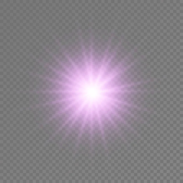 Purple glowing light star, violet burst sun rays. — Stock Vector
