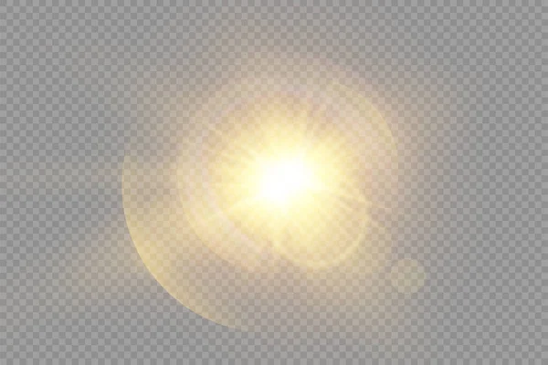 Glow bright light star, yellow sun rays, bokeh. — Stock Vector