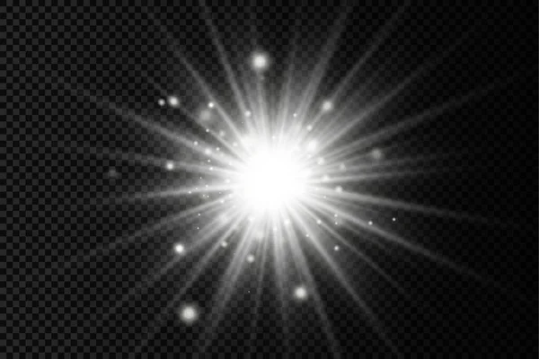 Estrella de luz brillante blanca, rayos de sol estallidos. — Vector de stock