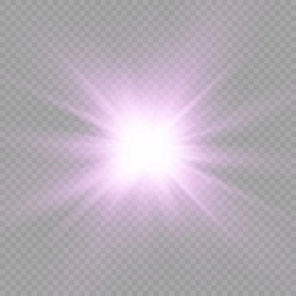 Resplandor estrella de luz brillante, rayos de sol púrpura, sol. — Vector de stock