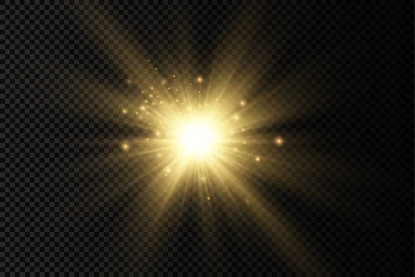 Svítící jasná hvězda, žluté sluneční paprsky, sluneční svit. — Stockový vektor
