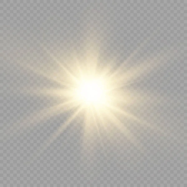 Resplandor estrella de luz brillante, rayos de sol amarillos, sol. — Vector de stock