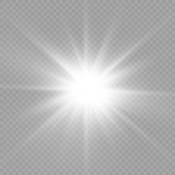 Resplandor estrella de luz brillante, rayos de sol blancos, sol. — Vector de stock