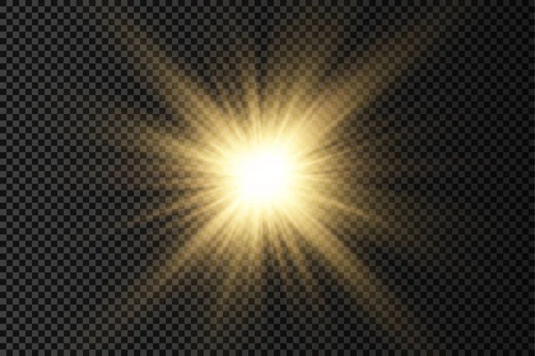 Resplandor estrella de luz brillante, rayos de sol amarillos, sol. — Vector de stock