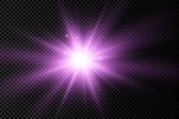 Resplandor estrella de luz brillante, rayos de sol púrpura, sol. — Vector de stock