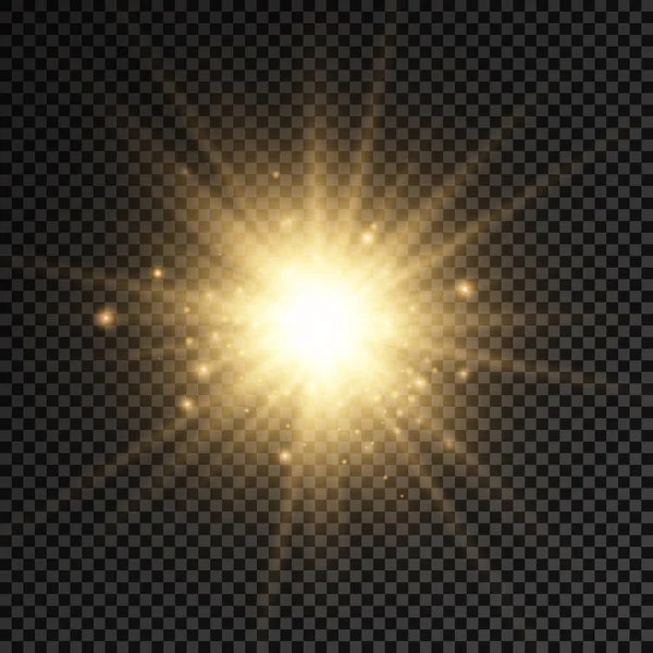 Resplandor estrella de luz brillante, rayos de sol amarillos, sol. — Vector de stock