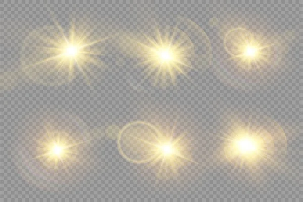 Glow bright light star, yellow sun rays, bokeh. — Stock Vector