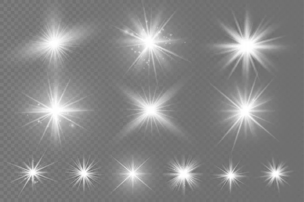 Glow bright light star, white sun rays, sunshine. — Stock Vector