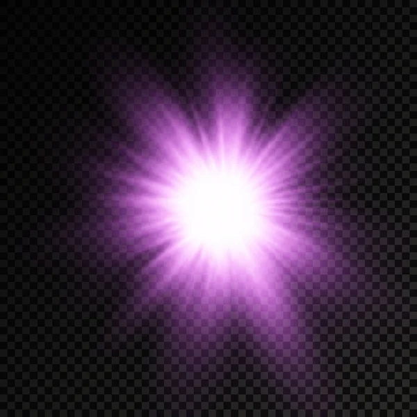 Svítící jasná hvězda, purpurové sluneční paprsky, sluneční svit. — Stockový vektor