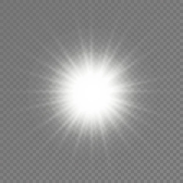 Glow bright light star, white sun rays, sunshine. — Stock Vector