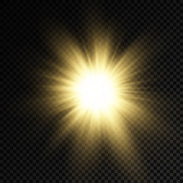 Resplandor estrella de luz brillante, rayos de sol amarillos, sol. — Vector de stock