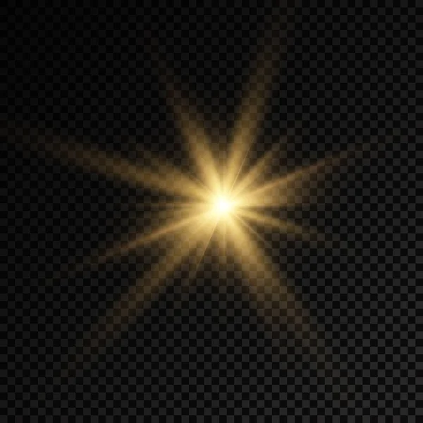 Raios solares amarelos, efeito de luz dourada, estrela. — Vetor de Stock