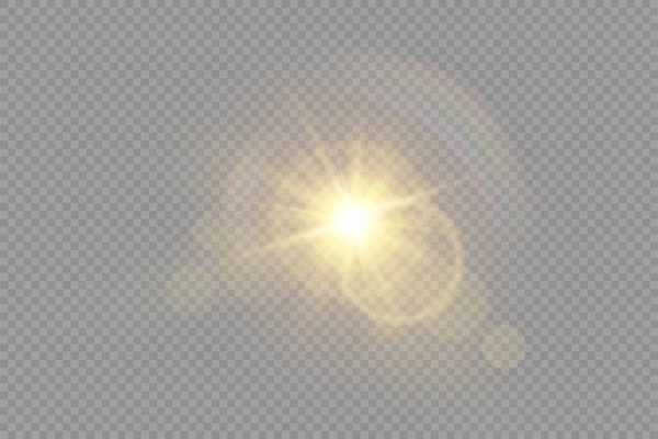 Λαμπερό φωτεινό αστέρι, κίτρινες ακτίνες του ήλιου, bokeh. — Διανυσματικό Αρχείο