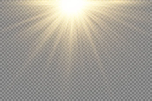 Luz solar con explosión brillante, rayos de sol llamarada. — Vector de stock