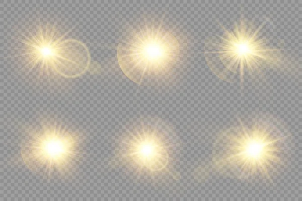 Leuchten heller Lichtstern, gelbe Sonnenstrahlen, Bokeh. — Stockvektor