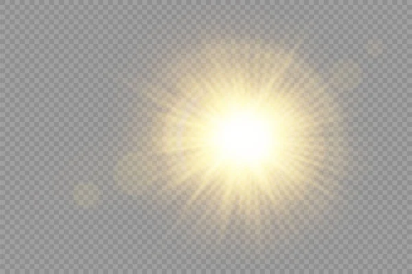 Svítící jasná hvězda, žluté sluneční paprsky, bokeh. — Stockový vektor