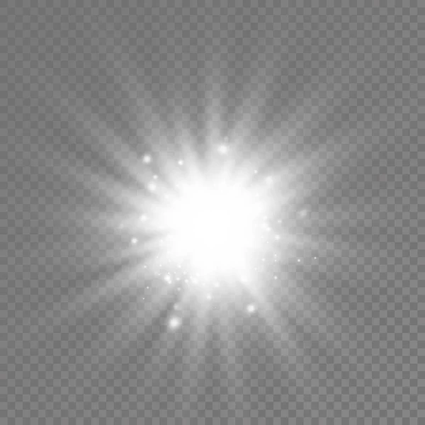 Λαμπερό φωτεινό αστέρι, άσπρες ακτίνες του ήλιου, ηλιοφάνεια. — Διανυσματικό Αρχείο