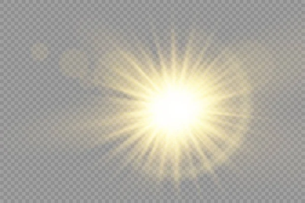 Svítící jasná hvězda, žluté sluneční paprsky, bokeh. — Stockový vektor