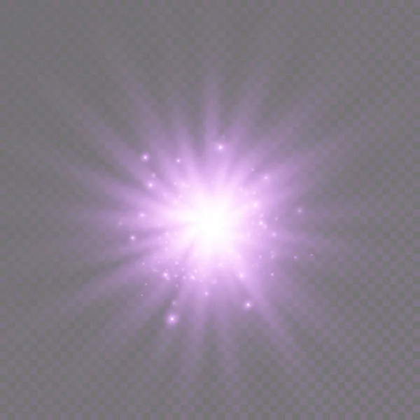 Resplandor estrella de luz brillante, rayos de sol púrpura, sol. — Vector de stock