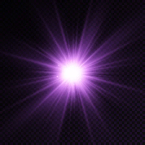 Glow bright light star, purple sun rays, sunshine. — Stock Vector